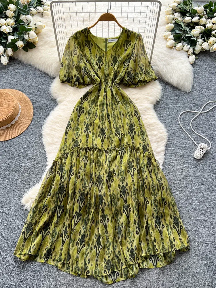 فستان أنيق بياقة على شكل V وأكمام قصيرة مع نقشة زهور للنساء، فستان صيفي طويل بخصر ضيق وتنورة متوسطة الطول من البوليستر بتصميم... #3