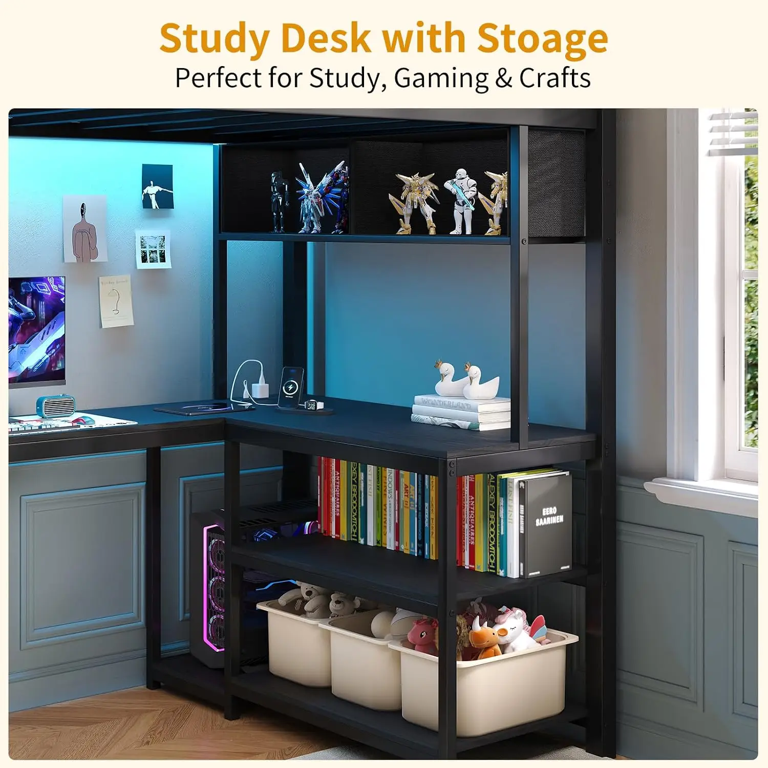 Twin Loft Bed with L‑Shaped Desk, RGB LED Lights, Black