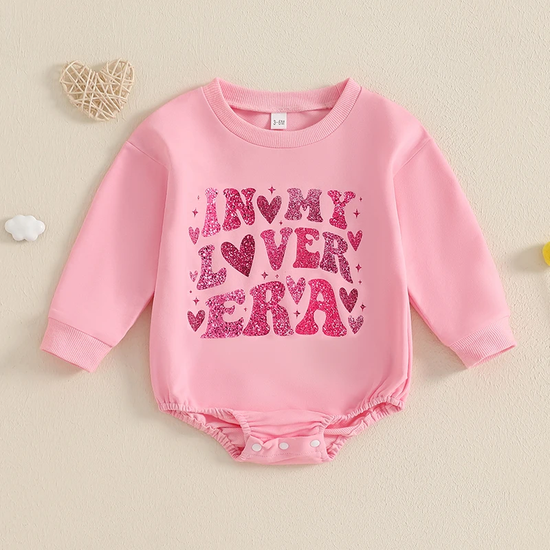 

Baby Girl Valentine's Day Romper Letter Heart Print Round Neck Long Sleeve Bubble Jumpsuit for 0-18 Months