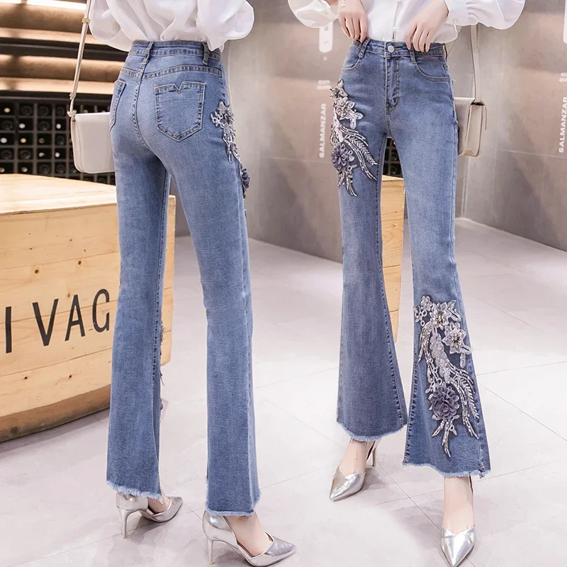 Ladies Flower Embroidery Casual Jeans for Women Clothing Girls Fashion High Waisted Denim Flared pants Female Clothes PAY1032