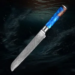 Profession Bread Knife Sharp German Damascus Steel Cake Bread Slicer Cutter Kitchen Chef Baking Knives Blue Resin Handle