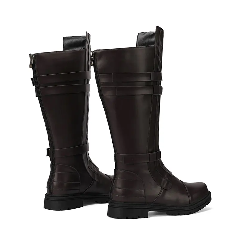 Women Renaissance Knight Boots Round Head Low Heel Knee Boots Leather Pirate Cosplay Boot Halloween Costume Shoes   Belt buckle image 5