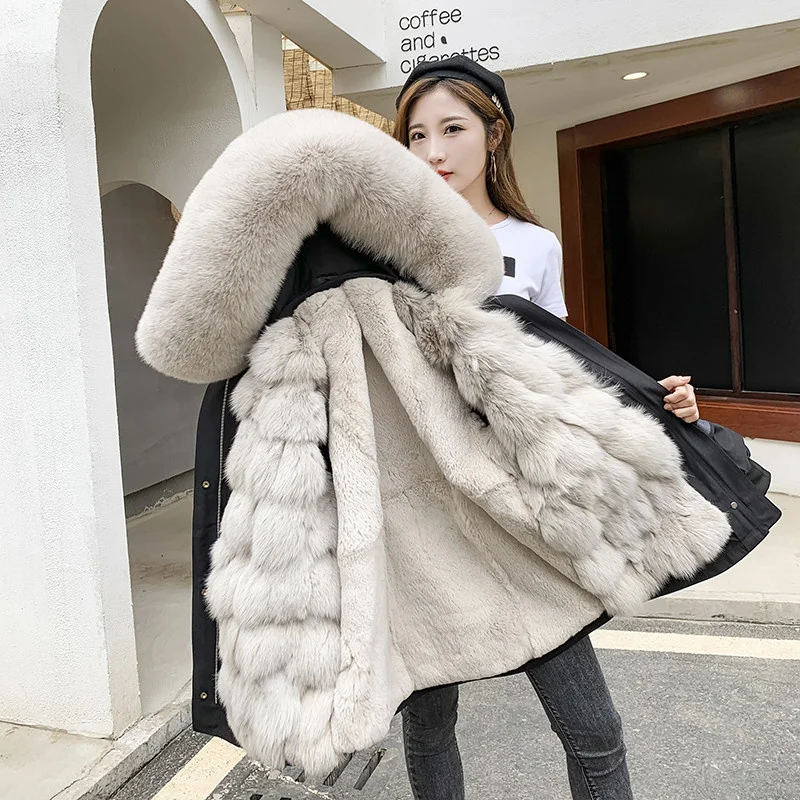 Jacket Winter 2023 Women Fashion Real Fur Coat Natural Fox Fur Collar Loose Detachable Rex Rabbit Fur Liner Parkas Outerwear