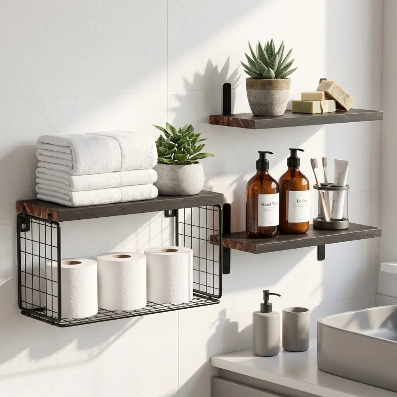 3Pcs Solid Wood Floating Shelves Wall Mounted Storage Rack With Wire Basket Bathroom Toilet Paper Holder Kitchen Organizer Decor