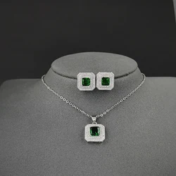 2023 Silver Color Luxury Turkish India African Jewelry Set Zircon Stud  Earrings and Necklace Pendant Wedding Gifts J1400-green