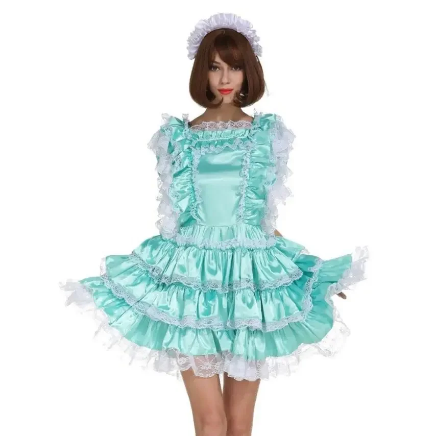 

Little girl lockable sissy girl sexy maid green dress satin cosplay costume customized
