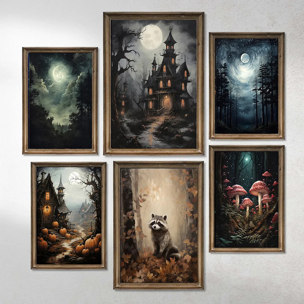 Forest Animals Butterfly Bat Plants Flowers Canvas Wall Art Nature Painting Decor Vintage Dark Skeleton Pumpkin Halloween Poster