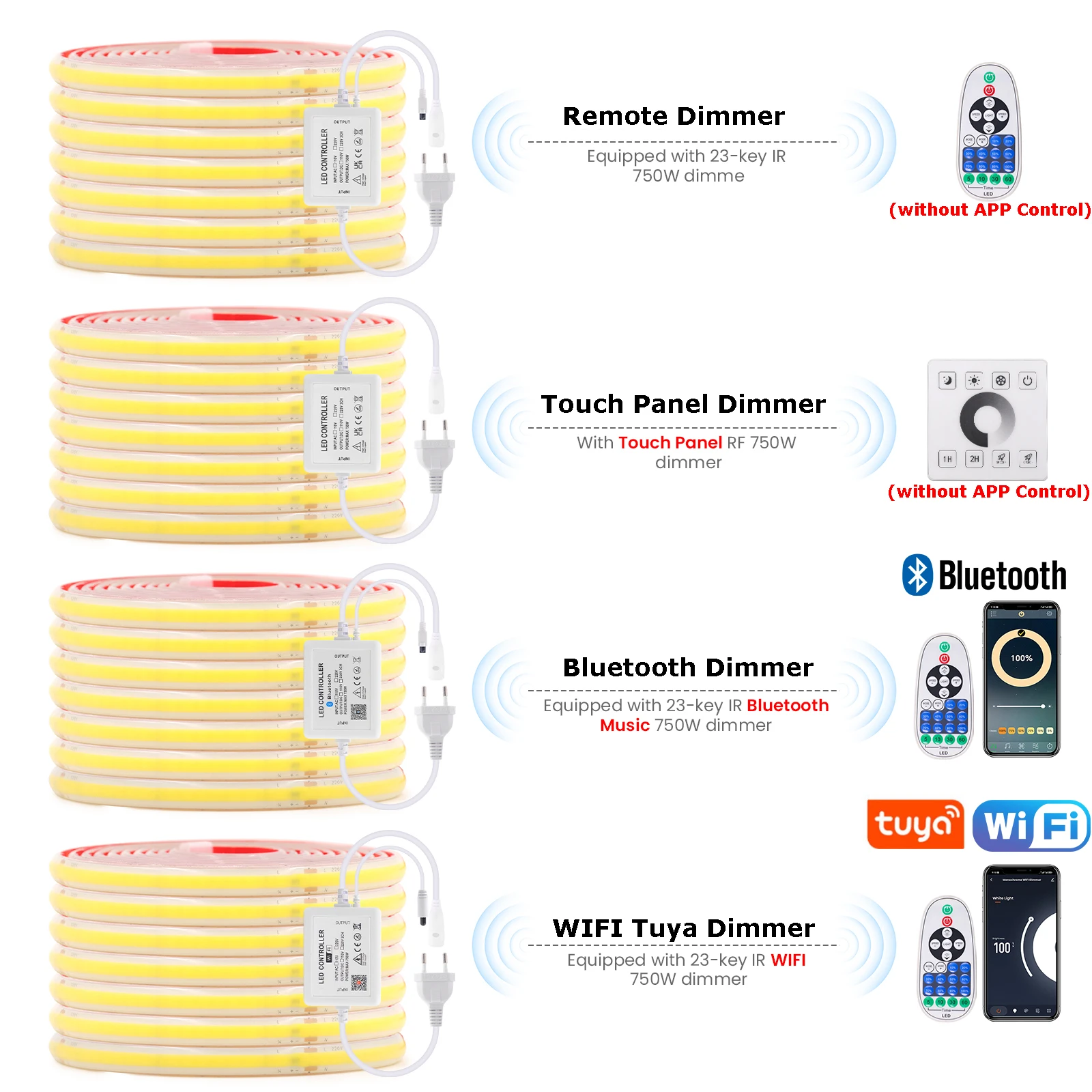 

AC220V Adhesive COB LED Strip Remote/Dimmable 240LEDs/m 3000K 4000K 6000K EU Plug WIFI/Bluetooth Control Outdoor Garden LED Tape