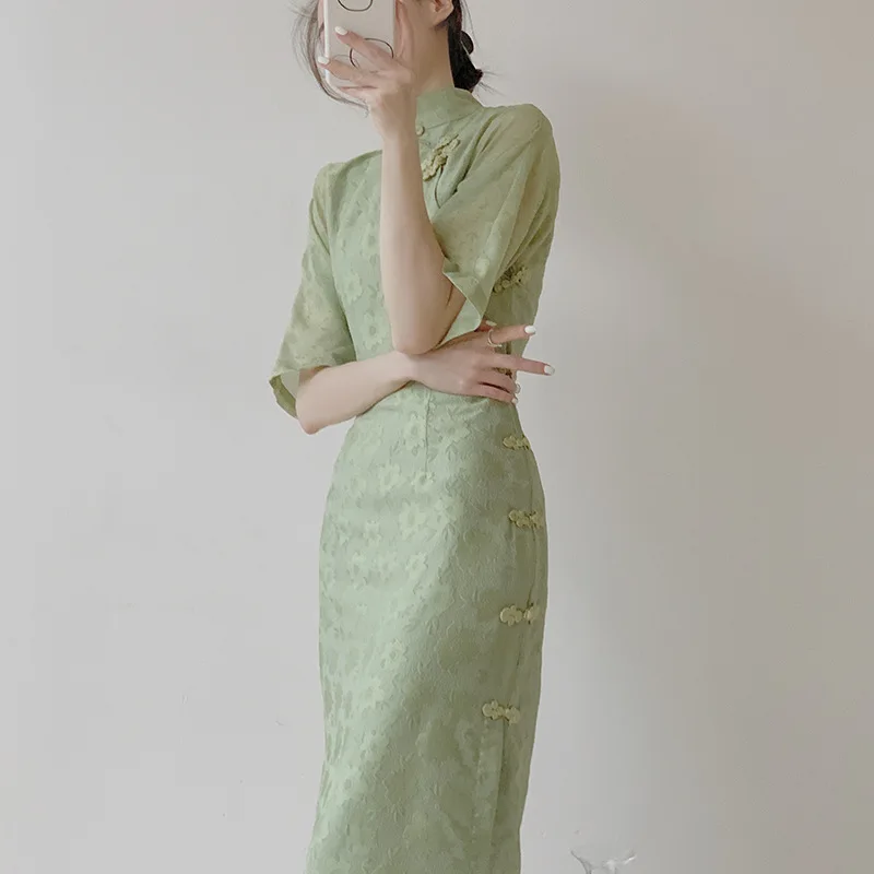 Big Sleeve Cheongsam Improved New Chinese Style Dresses  Green Qipao Lady Vintage Women Summer Spring Qipao Jacquard Vestidos image 4