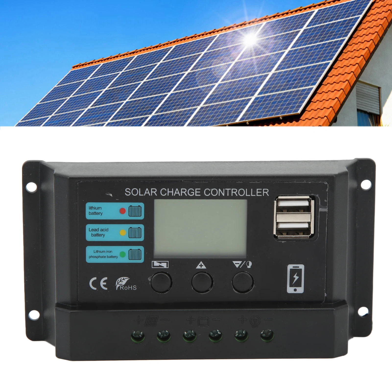 LCD ディスプレイソーラーパネルコントローラ太陽光発電充電コントローラ 12V 24V 自己適応黒 30A