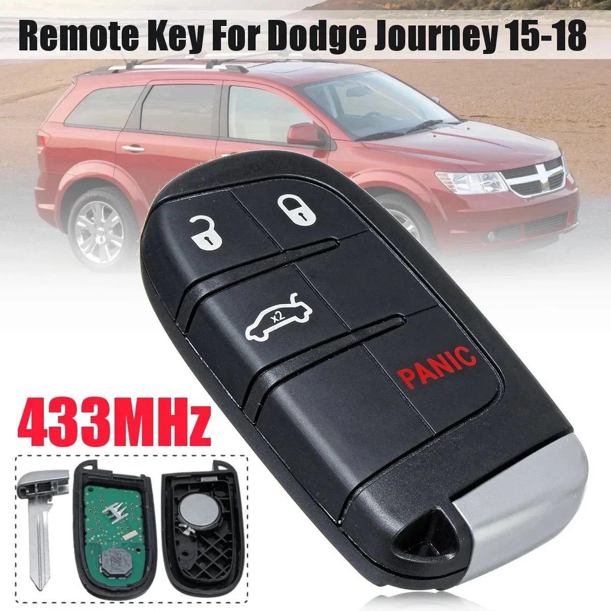 433MHz 4 Button Fob Remote Key with Battery for Dodge Journey 2015 2016 2017 2018 FCC ID: M3N-40821302 68051387AB