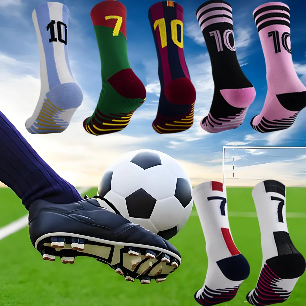 1 Paar professionelle Fußballsocken für Herren, rutschfeste Trainingsspielsocken, mit Handtuchboden, nummerierte Sportsocken in der Mitte des Knies