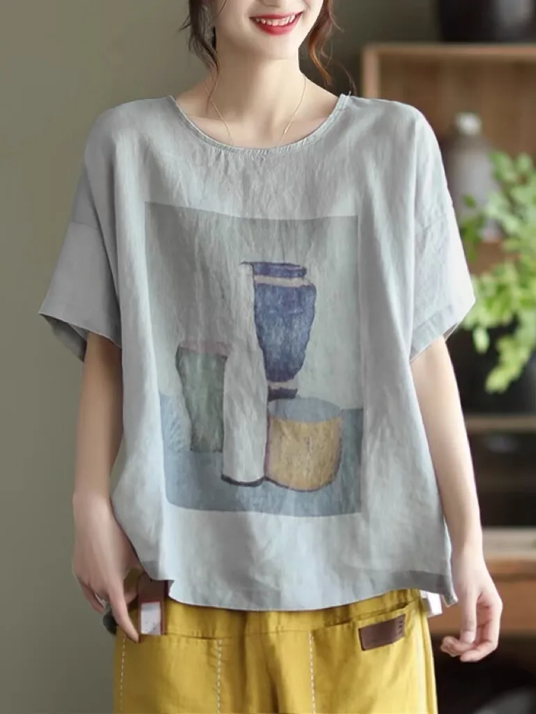 เสื้อยืดผ้าฝ้ายลินินสไตล์เรโทร สำหรับผู้หญิงไซส์ใหญ่ ทรงหลวม คอกลม ใส่สบาย ช่วยพรางหุ่น เหมาะสำหรับฤดูร้อน ใช้งานได้หลากหลาย