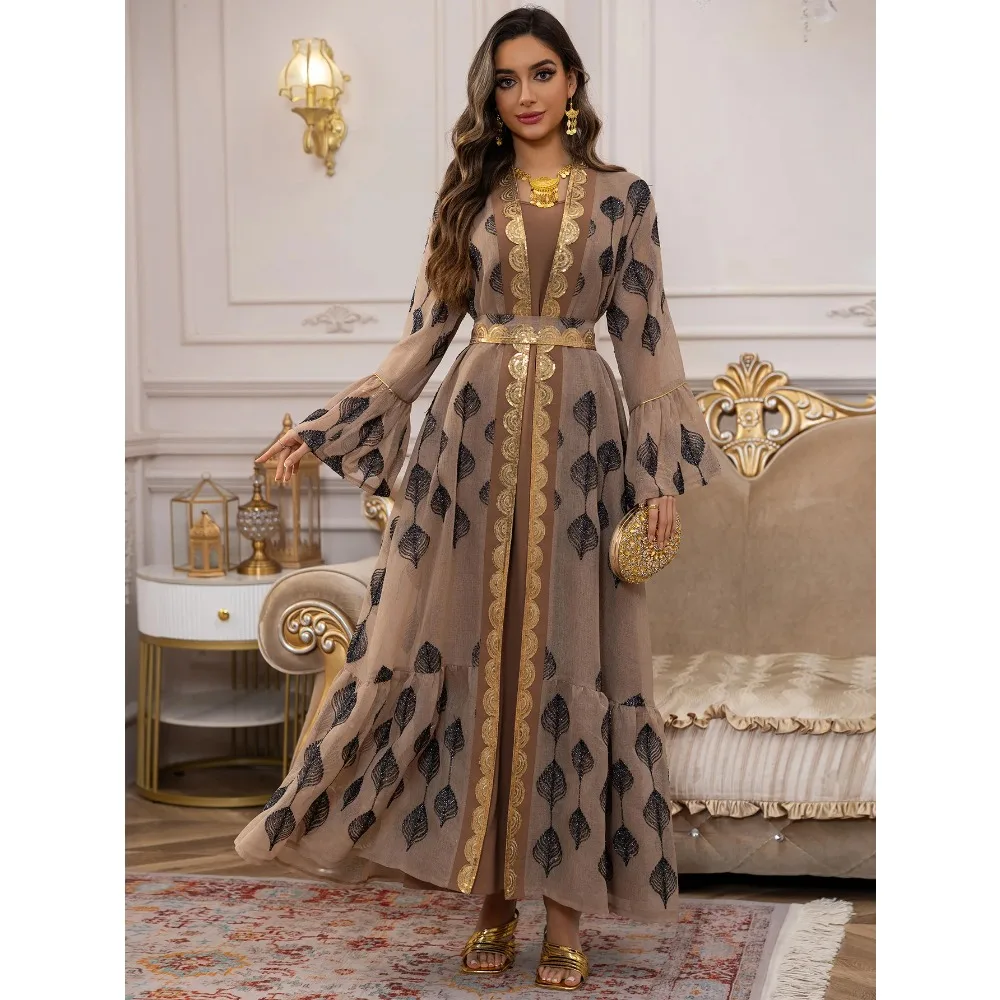 

Женская мусульманская абайя с принтом, комплект из 2 предметов, мороканский Рамадан с поясом, искусственный ислам, кардиган, Дубайский арабский длинный халат, 2024