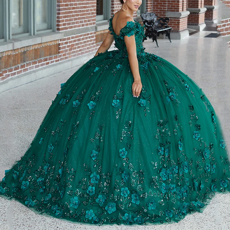 Puffy Off Shoulder Quinceanera Dresses Ball Gown Lace Butterfly Flower Prom Evening Dresses Sweet 15 16 Gowns