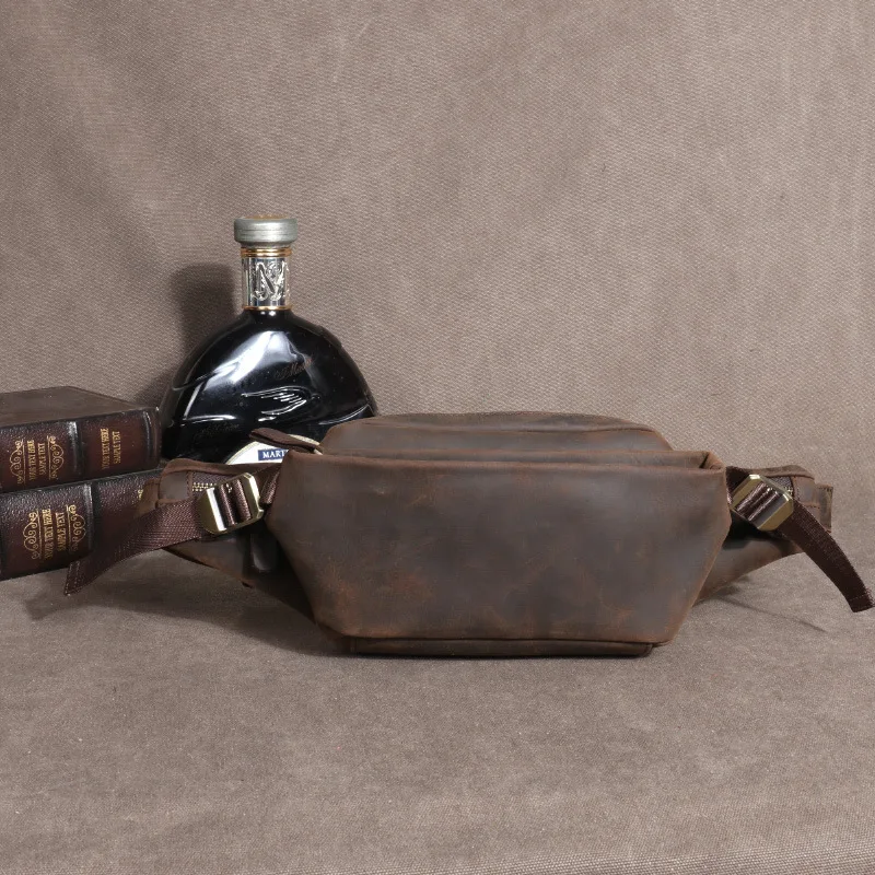 حقيبة الخصر للرجال في الهواء الطلق جلد البقر الهاتف المحمول متعددة الوظائف جلد طبيعي الصدر كريزي هورس حقيبة جلدية كروسبودي