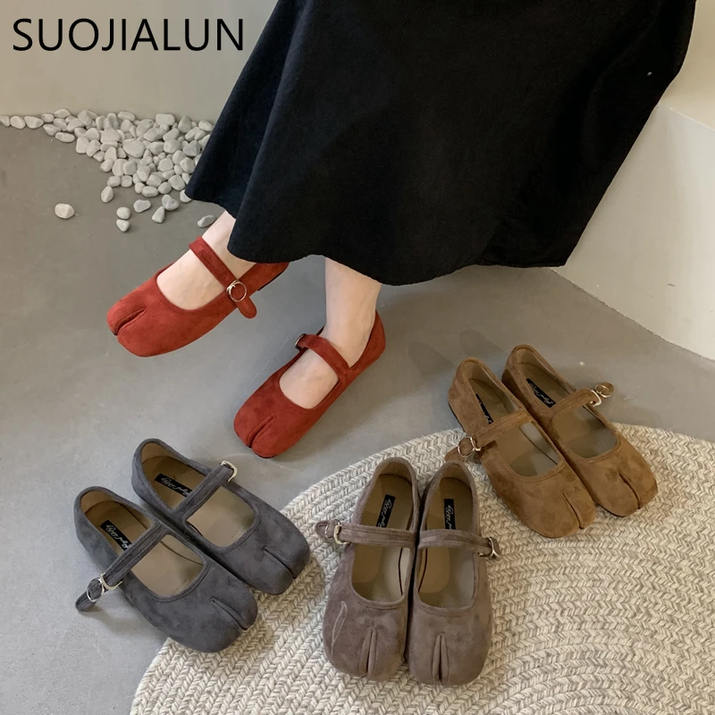 SUOJIALUN Autumn Women Flat Shoes Fashion Split Toe Slip On Loafer Shoes Flat Heel Soft Leather Casual Outdoor Shallow Ballerina