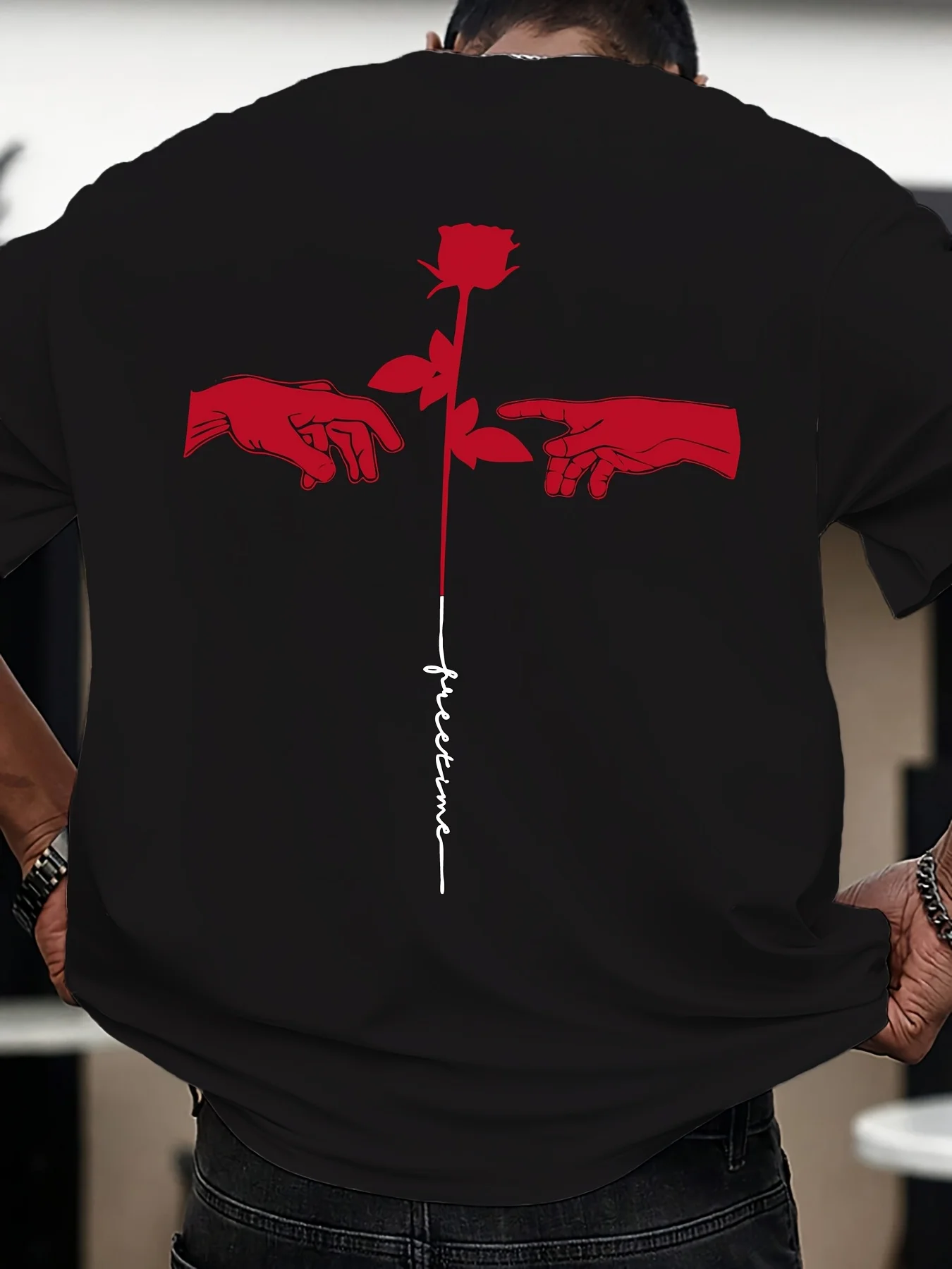 

Men's Summer Casual T-Shirt with Unique Rose & Hand Print - Soft Polyester Blend, Crew