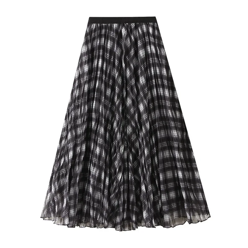 Women Spring Autumn Plaid Pleated Long Skirt Female Fashion High Waist A-line Elegant Vintage Casual Skirts