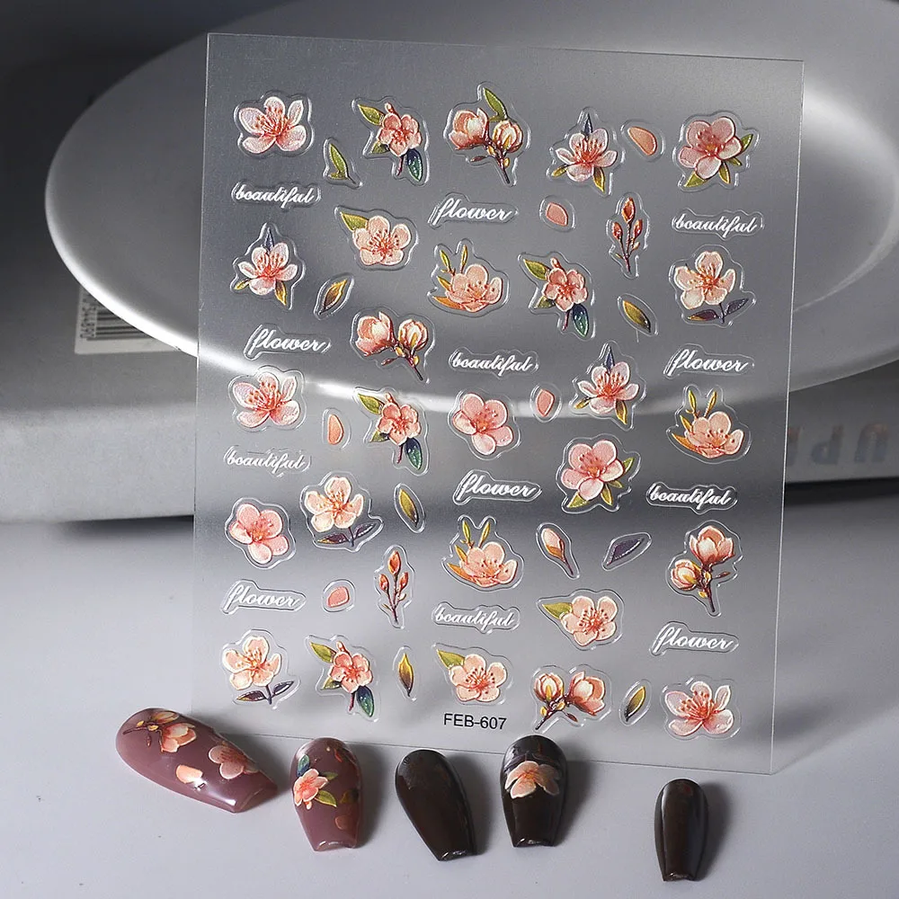 5D-Blumen-Nagelkunst-Aufkleber, geprägte Kirschblüten-Blumen-Nagel, selbstklebender Aufkleber für Nagelkunst-Design, DIY-Maniküre-Dekorationen