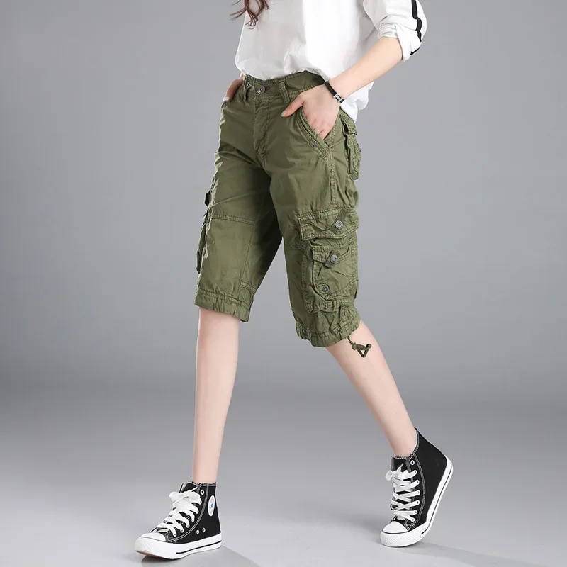 Outdoor Large Size Camouflage Cargo Shorts Women Hiking Sports Multi Pocket Loose Straight Baggy Shorts Military Short Trousers