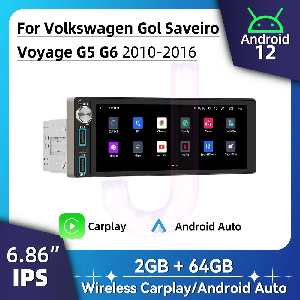 Carplay Autoradio 1Din راديو أندرويد سيارة الوسائط المتعددة لشركة فولكس فاجن فولكس فاجن جول Saveiro Voyage G5 G6 2010-2016 6.86 "ستيريو GPS واي فاي