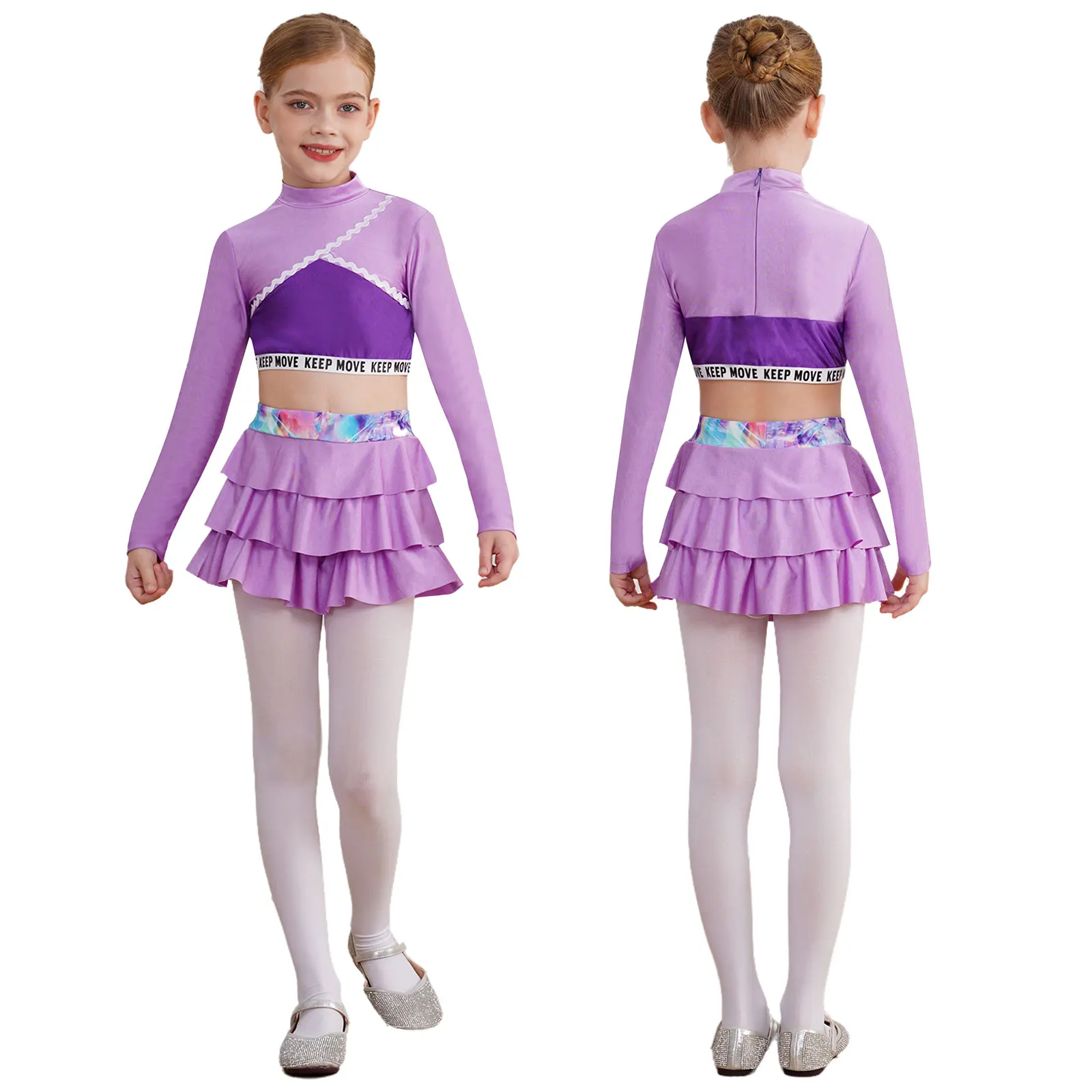 Completo da ragazza 2 pezzi per danza atletica, top corto a maniche lunghe con gonna sportiva, set da tennis, golf, abbigliamento sportivo, abbigliamento da ballo attivo