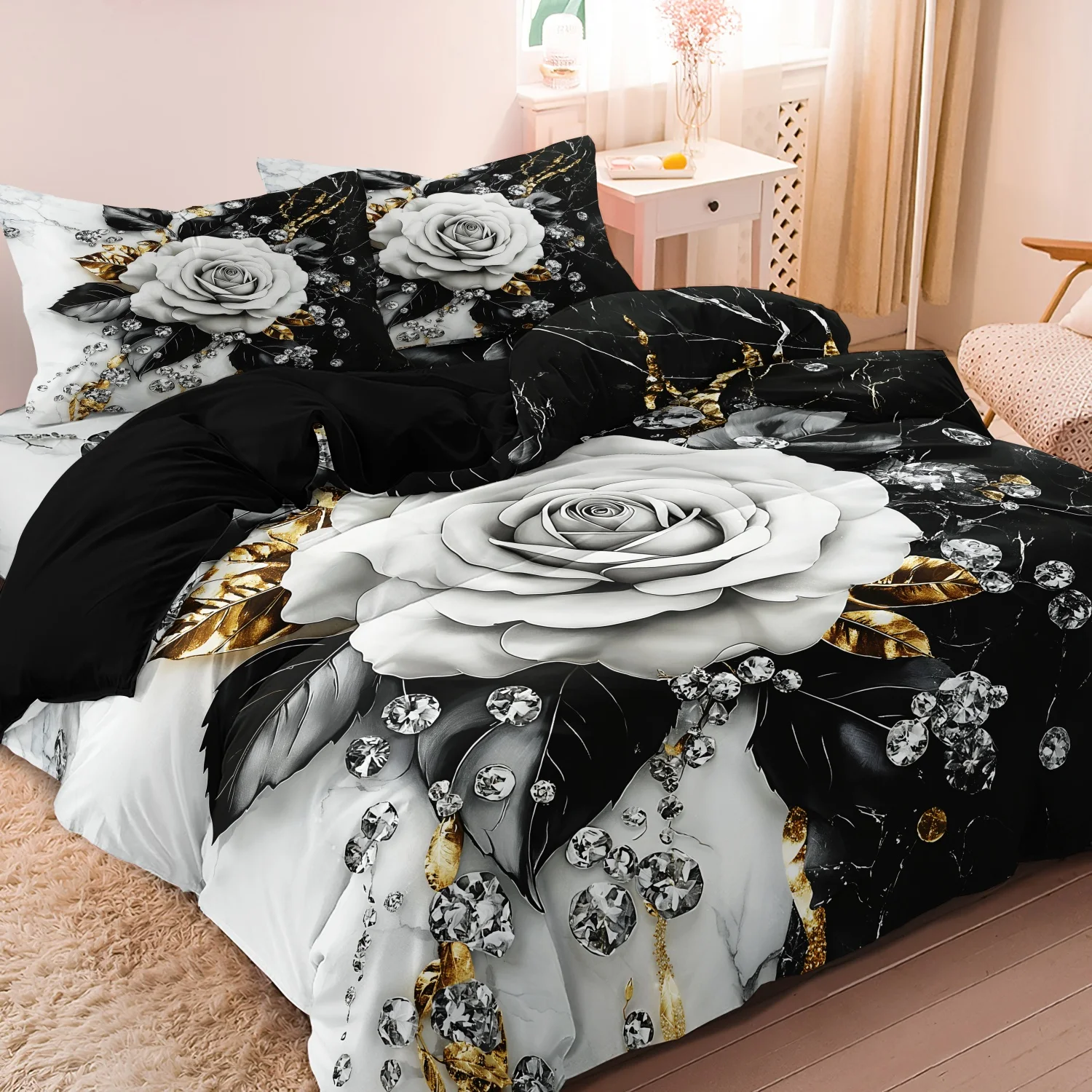 3pcs 3D Featuring Black and White Rose Crystal Diamond Art Patterns Duvet Cover Set,Soft Comfortable Breathable Bedding Set ﻿
