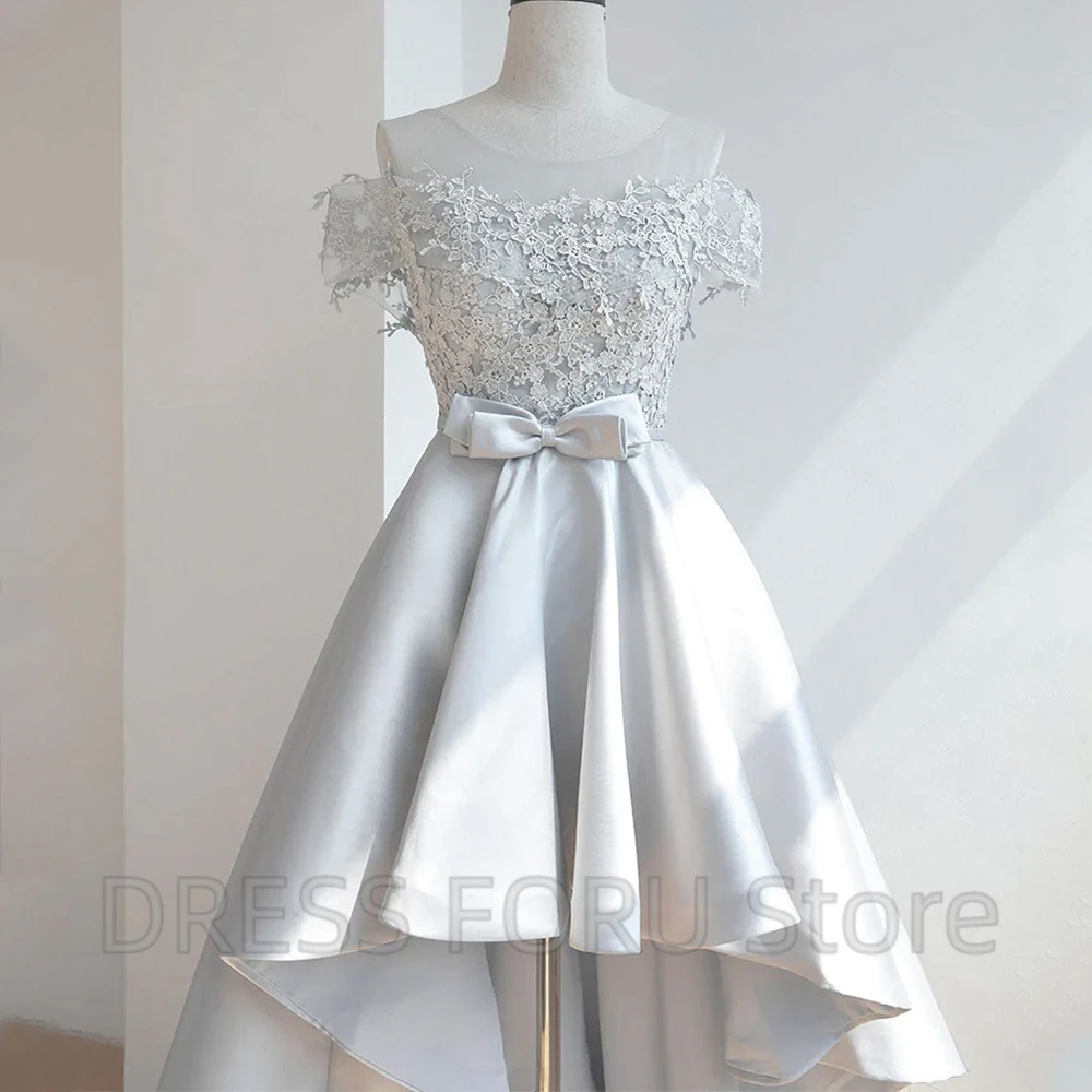 Charming High/Low Prom Dress Short Sleeve Applique with Bow Floor Length Women Party Banquet Open Back Custom Lace Up Gowns