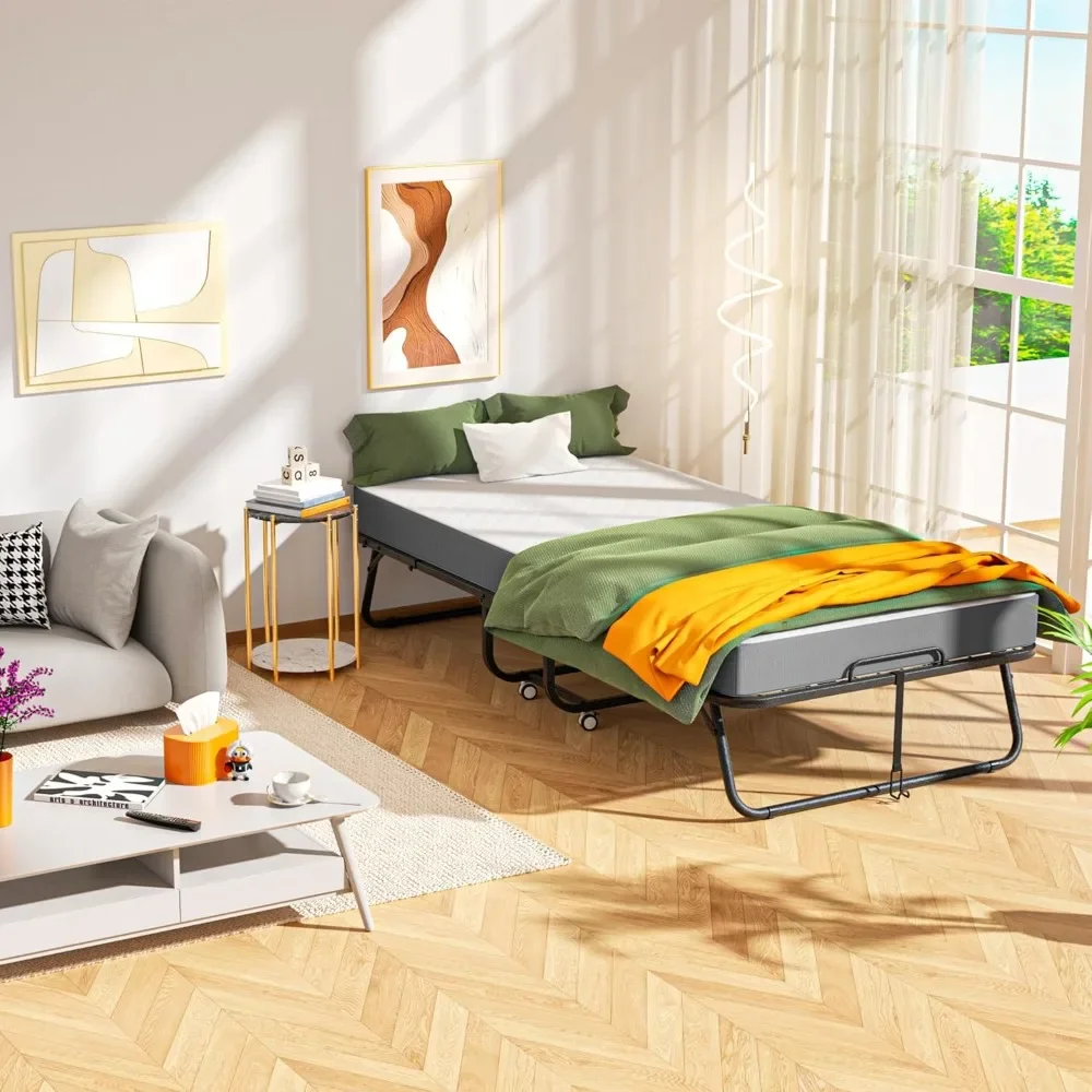 

Folding Bed with Mattress, Foldable Twin Beds, Roll Away Beds for Adults, 75 x 38 Portable Roll Away Guest Bed for Easy