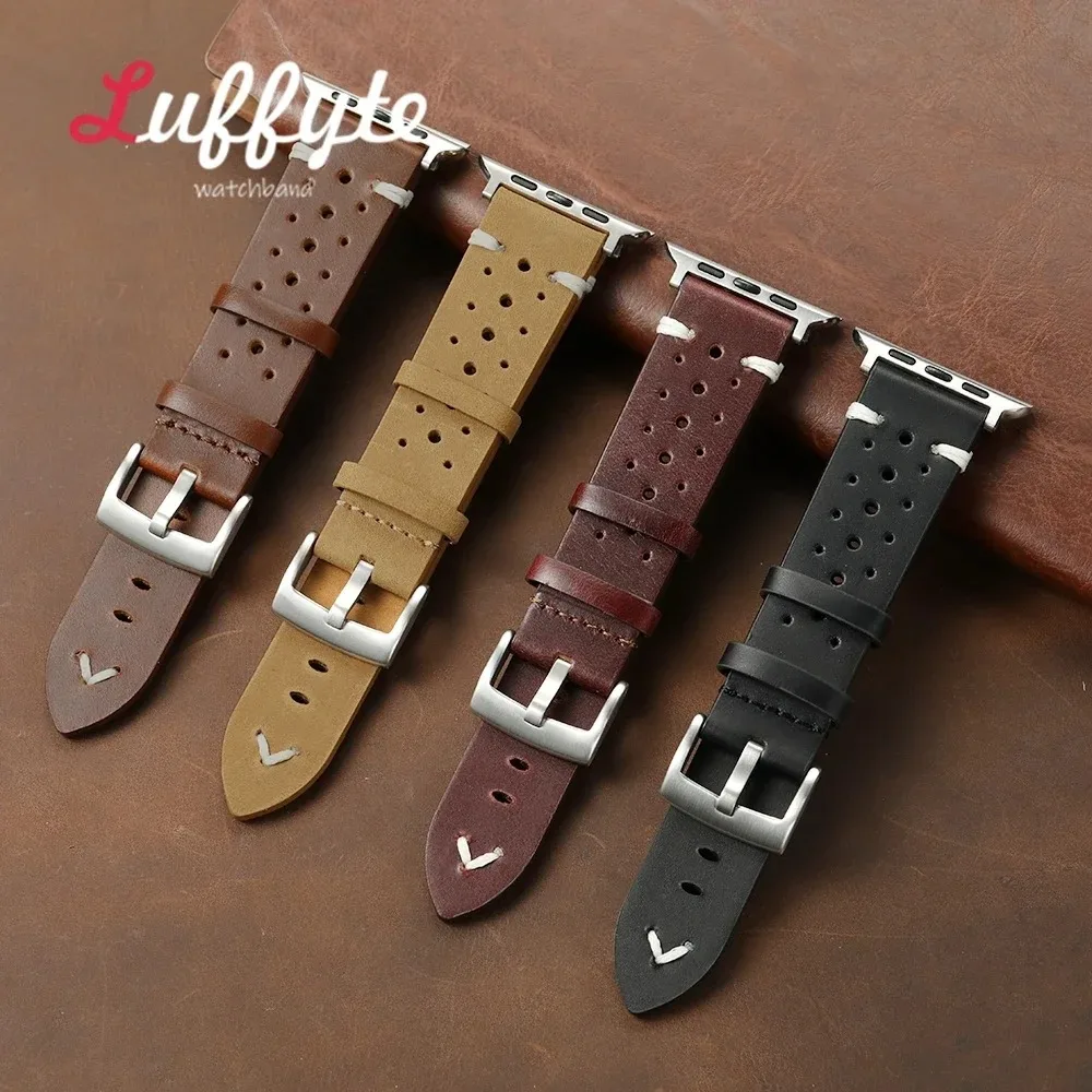 

Breathable Genuine Leather Smartwatch Band for Apple Watch Strap 38/40/41/42/44/45/46/49mm for Iwatch 1-10 SE Ultra 2 Watchbands