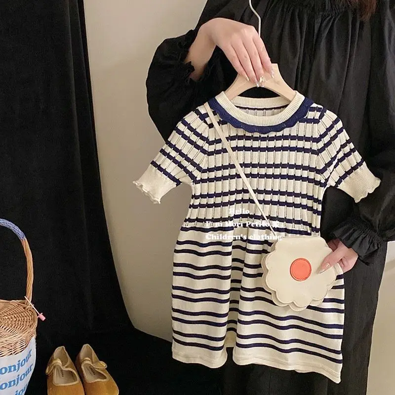 

Girls' knitted striped dress short sleeved summer children's baby elastic casual dress Korean 90-160cm