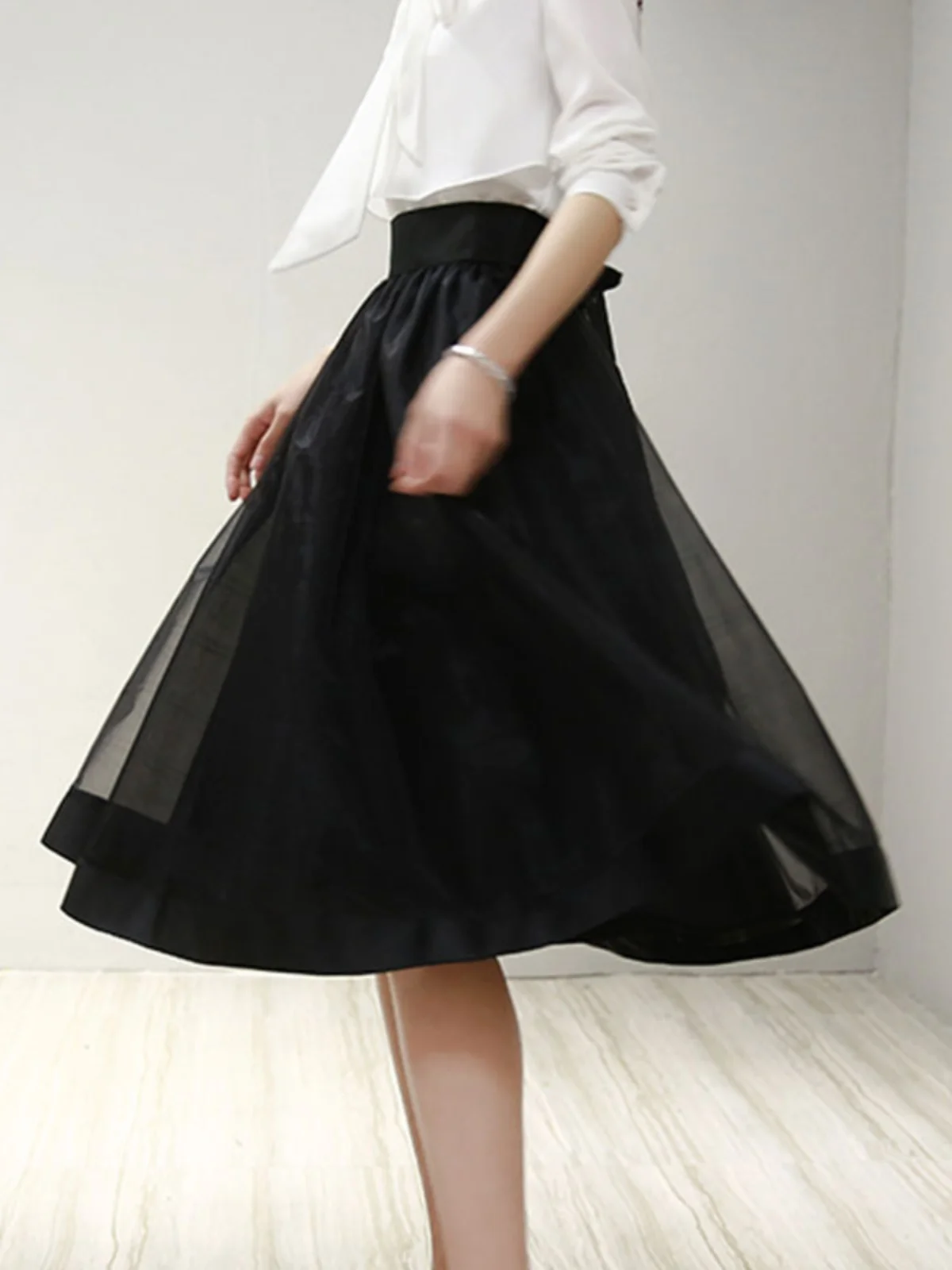 High Waist Euro Organza Puffy Skirt Hepburn Sle Slimming Me Midi Bla Versatile Women's f Body Skirt Commute Korean S...