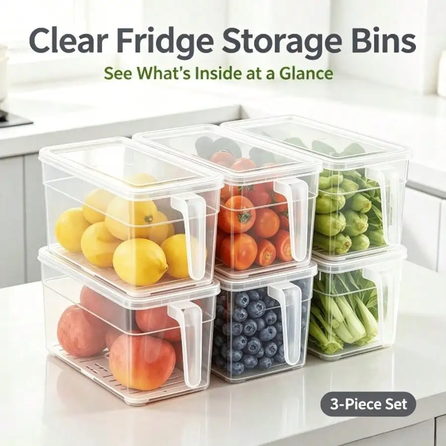3piece Refrigerator Crisper With Handle, Ideal For Organizing And Storing Vegetables  Beverages In The Refrigerator And Kitchen. Prt Material Handle Facilitates Easy Movement Within Various Compartments Of The Refrigerator sh260227154191161486337