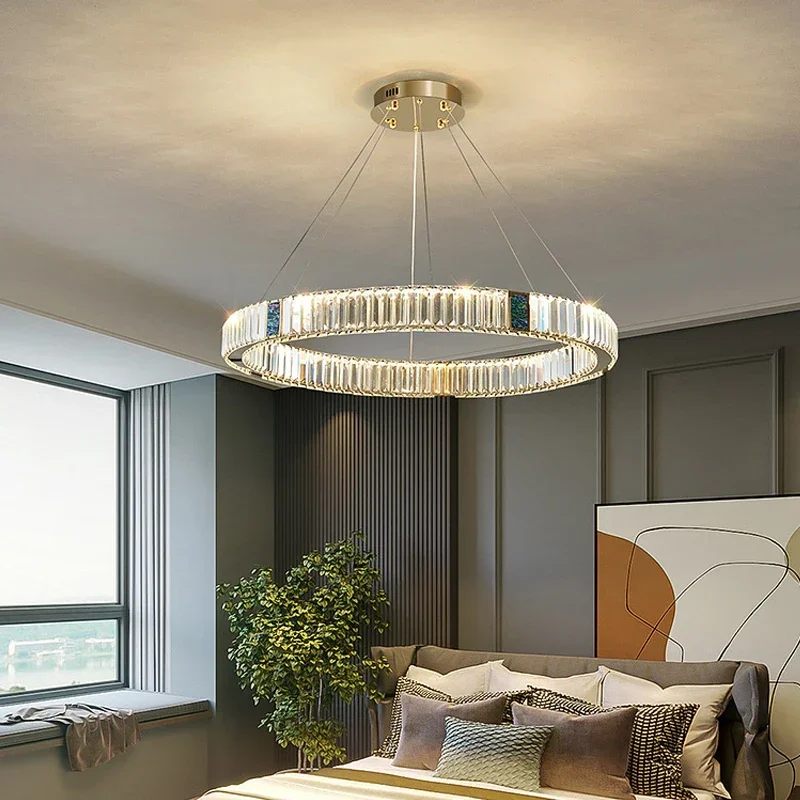 Lustre de plafond rond en cristal doré avec télécommande, lumière LED à gradation, salon moderne, luxe brillant