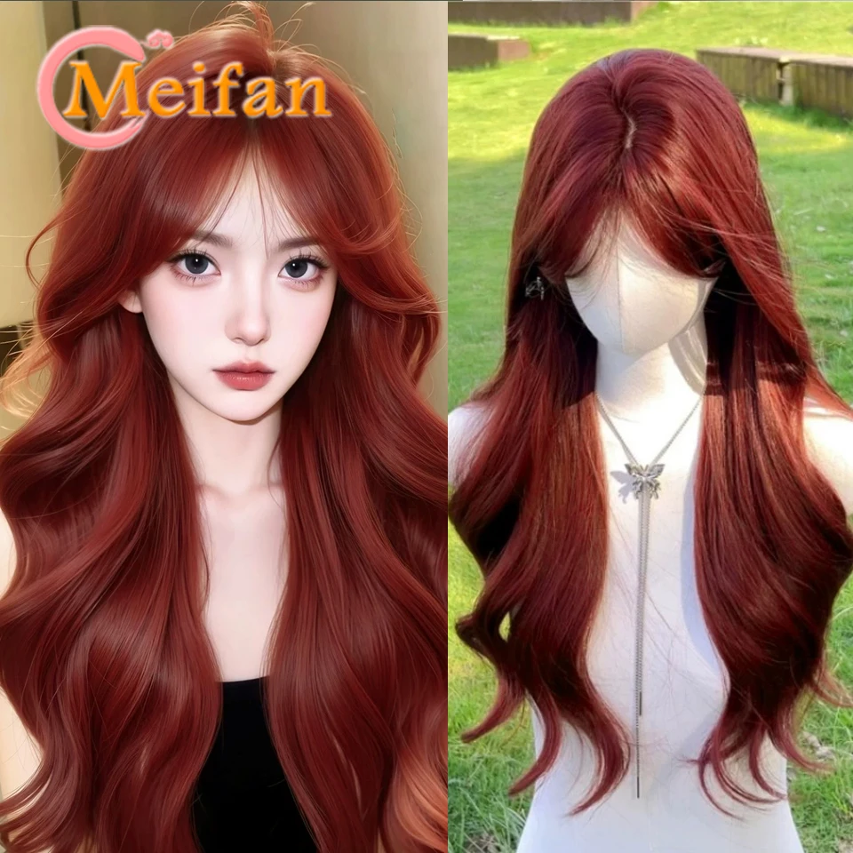 

Natural Long Wavy Curly Synthetic Red Wigs with Bangs Heat Resistant Wig for Women Halloween Cosplay Lolita Wig Daily Wear