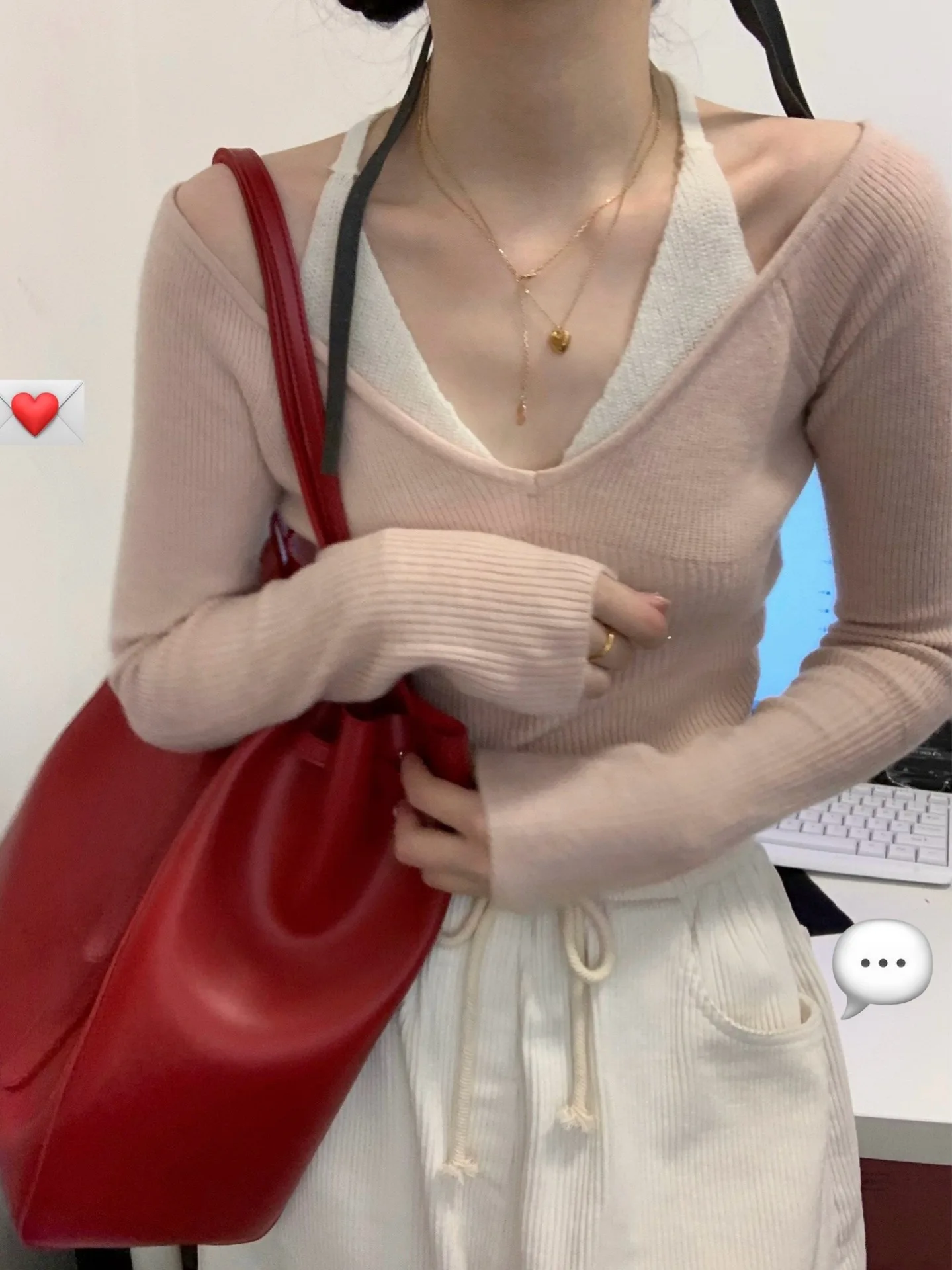 Sweet Dongda Gate Gestricktes Oulder Bared Long Sve Damen Slim Fit Casual Sle Wolloberteil Zweiteiliger Look V Ne Regular L...