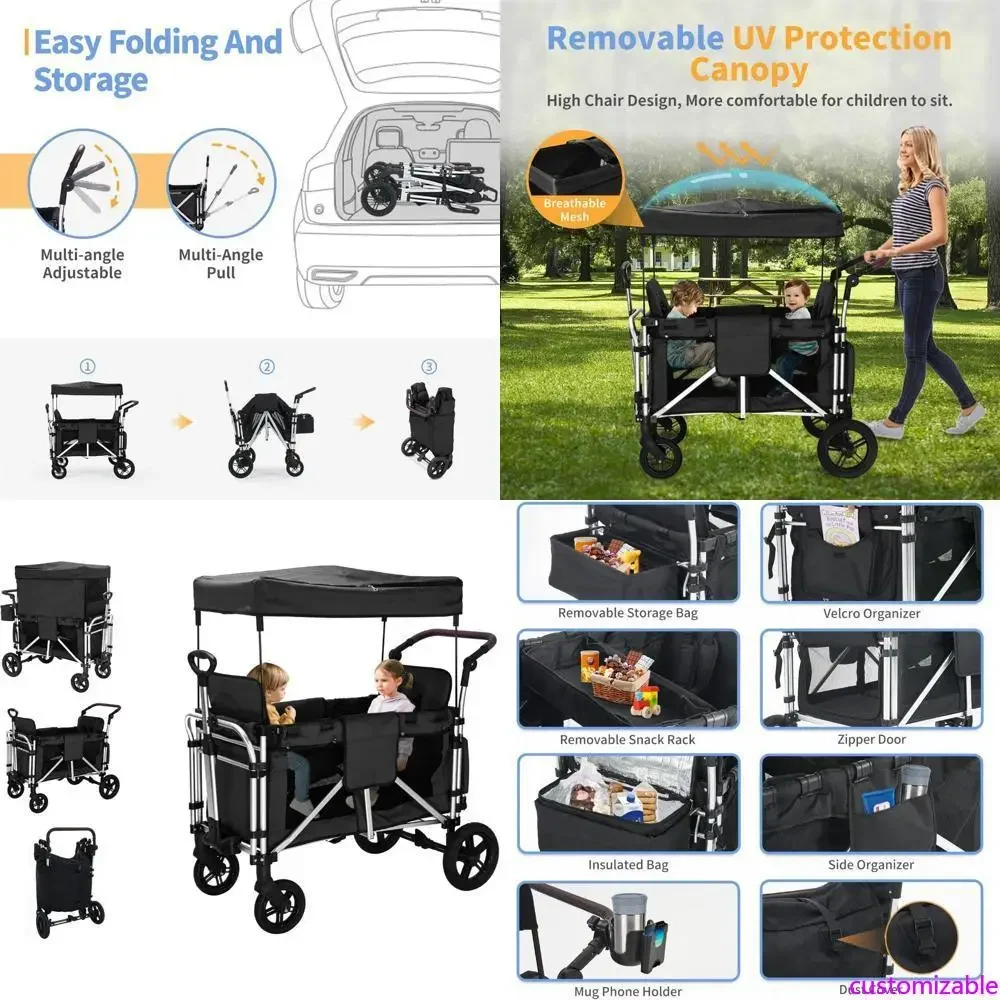 

Детская коляска-вагон для двойни с двумя высокими сиденьями, 5-точечными ремнями безопасности и регулируемым солнцезащитным козырьком, складная для удобной транспортировки