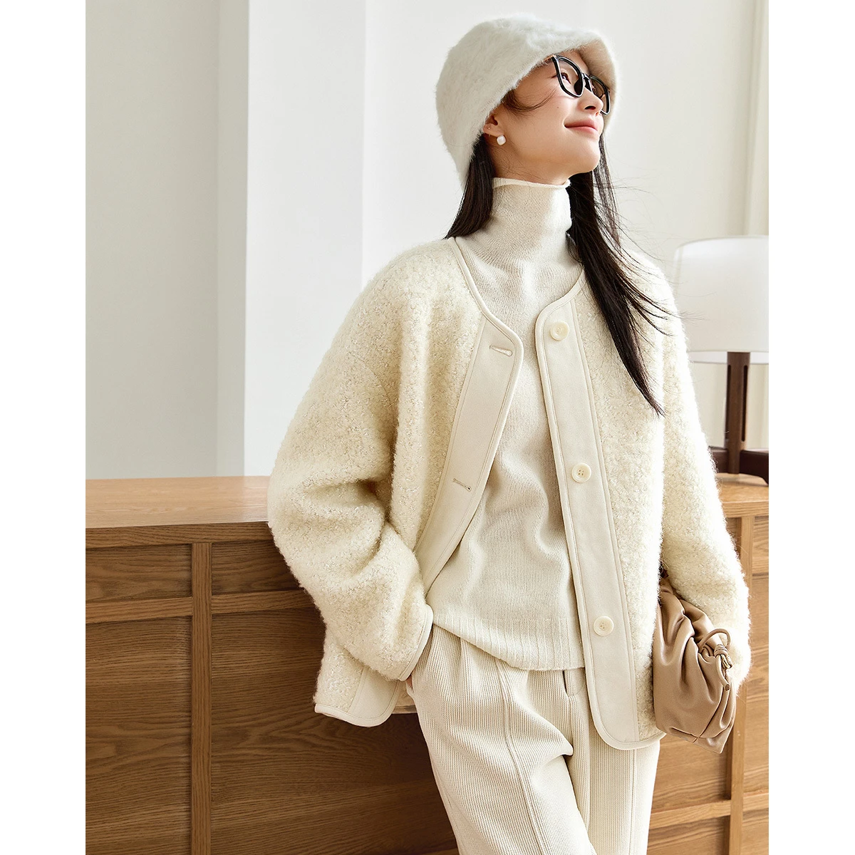 VIMLY 여성용 울 코트 우아한 2025 겨울 캐주얼 라운드 넥 트위드 코트 긴 소매 패딩 퀼트 루즈 여성 재킷 M9531