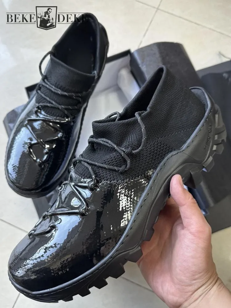Retro Style Round Toe Platform Top Quality Casual Shoes Solid Color Height Increase Mid Heel Lace-Up Comfortable Male Footwear