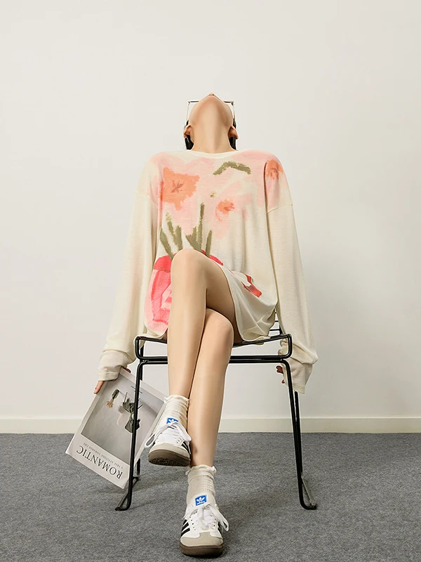 

Уникальная трикотажная футболка Long Sve, женская повседневная свободная посадка, осенний топ раннего сезона, топ с абрикосовым цветочным принтом