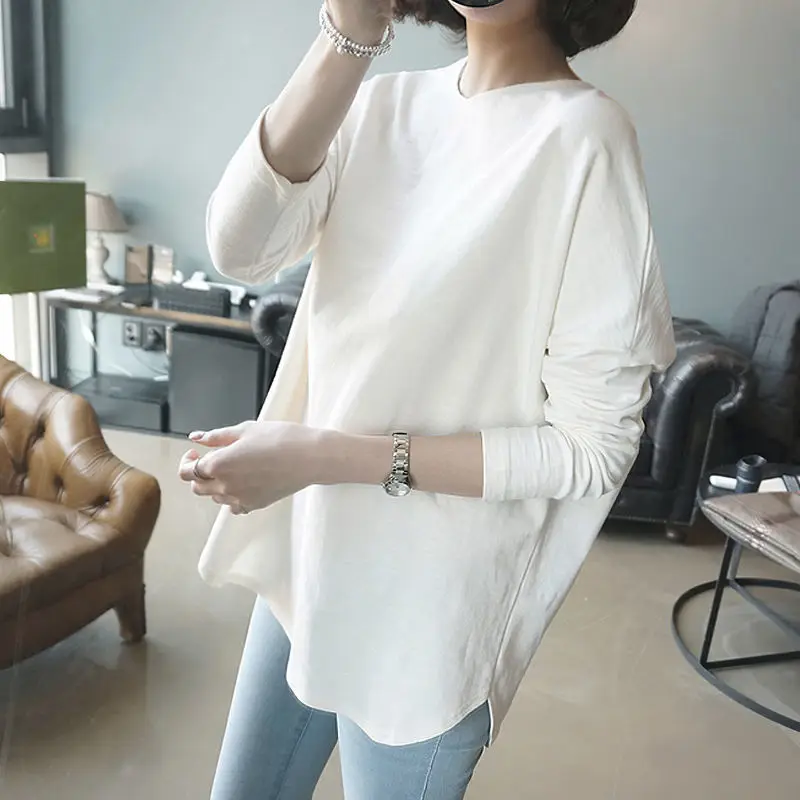 

2022Autumn Winter Solid Color Round Neck T-shirt Women Medium Long Term Splicing Long Sleeve Loose Versatile Upper Outer Garment