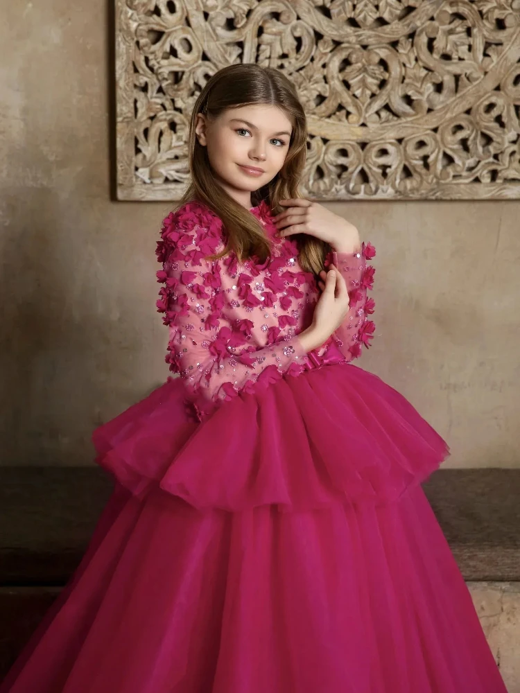 فساتين فتاة الزهور الحمراء لحفلات الزفاف بأكمام طويلة ترتر زهري رائع للأطفال Quinceanera فستان وصيفة العروس مخصص