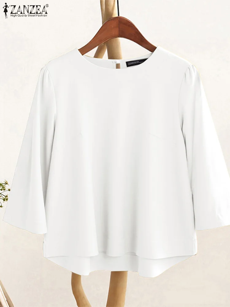 ZANZEA 2025 가을 패션 코튼 린넨 블라우스 여성 캐주얼 라운드 넥 3/4 슬리브 통기성 Blusas Mujer Solid Tops