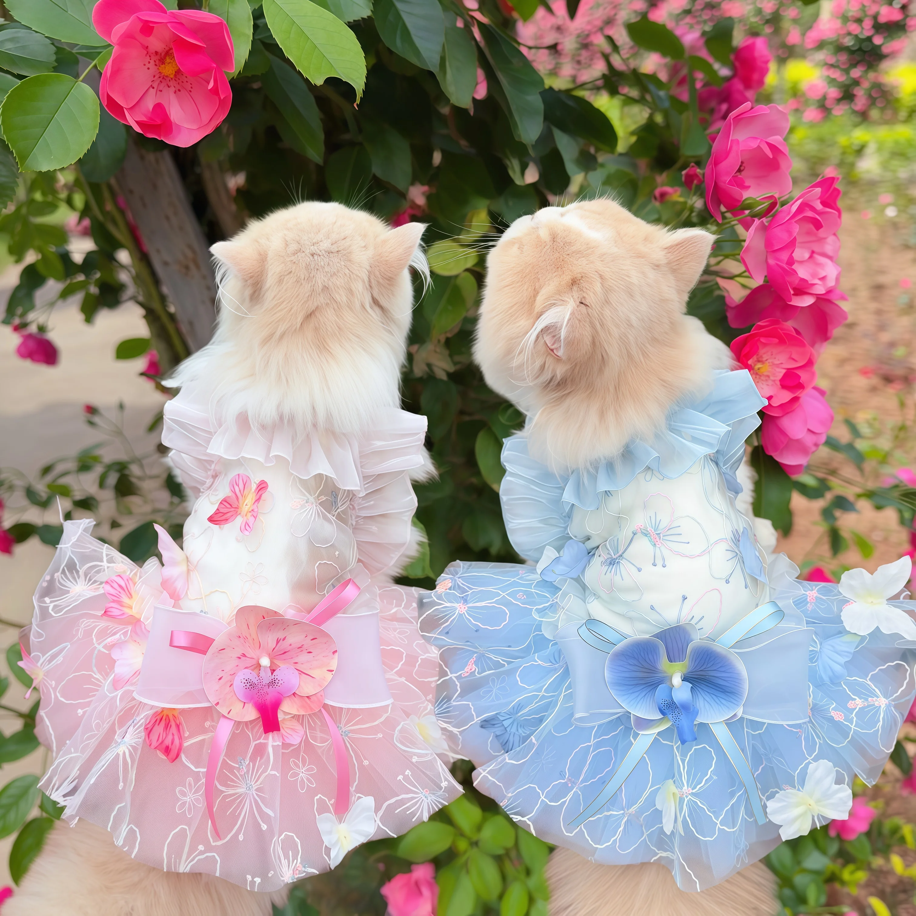

Handmade Korean Pink Blue Butterfly Embroidery Lace Princess Dress Korean Pet Dog Clothes for Small Medium Dogs And Puppies