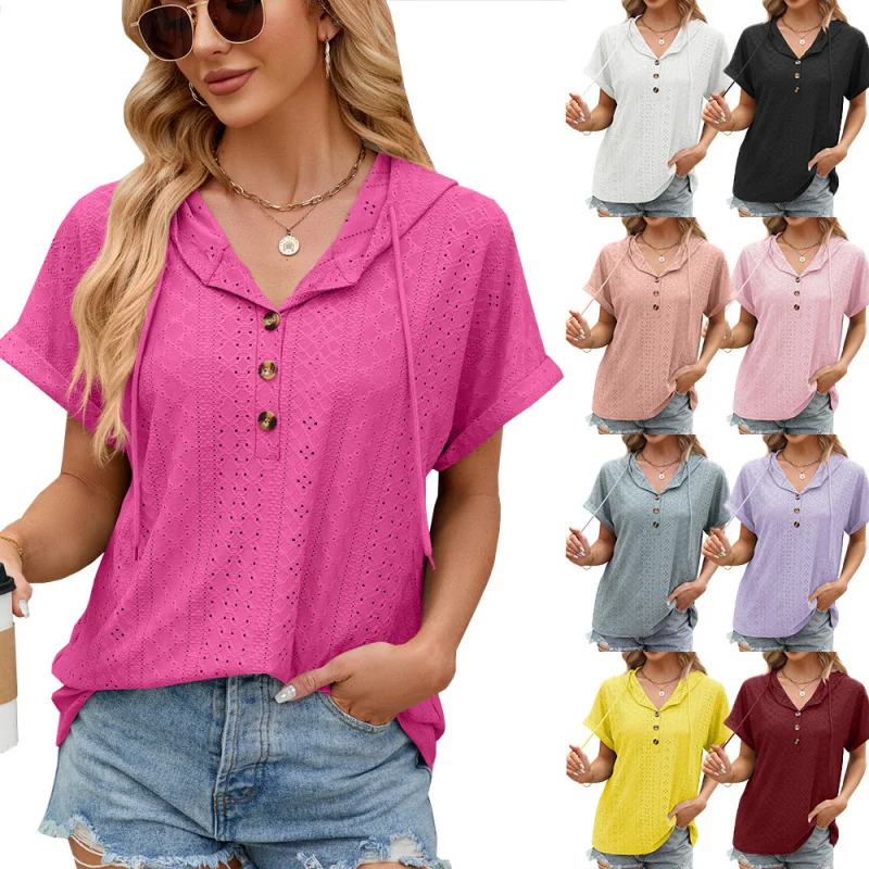 

2025Popular2025Popular European and American New Summer New Solid Color Buttons Hooded Drawstring Short SleeveTShirt Top
