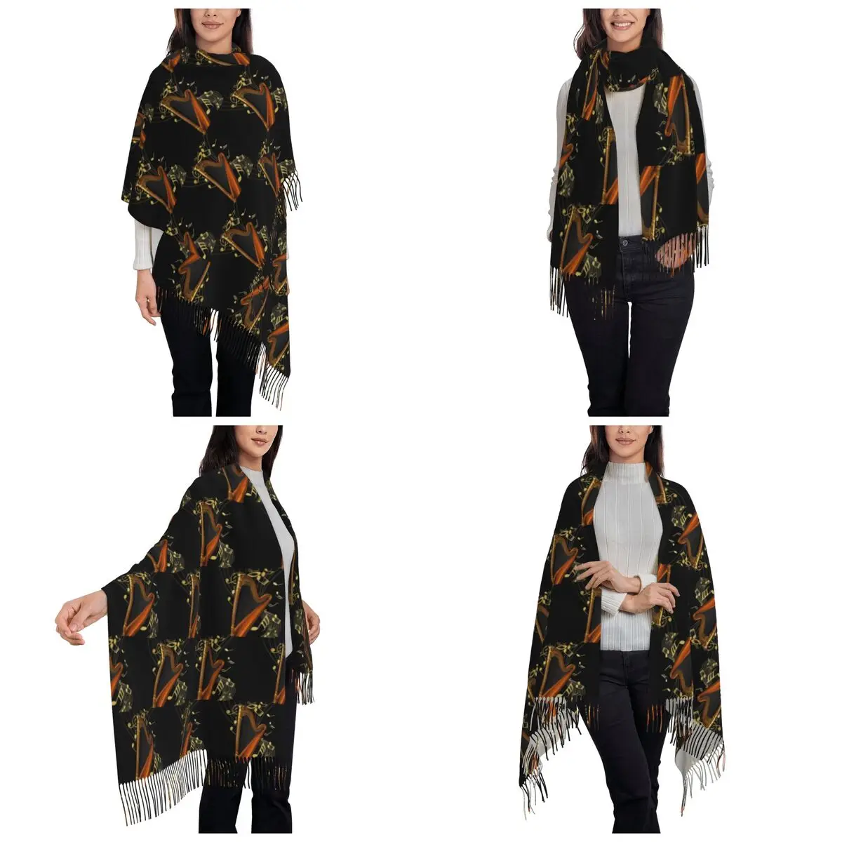 Harp And Music Note Art Scarf Tassel Scarves Women Soft Warm Shawls and Wraps Large Fall Winter Shawl Wrap
