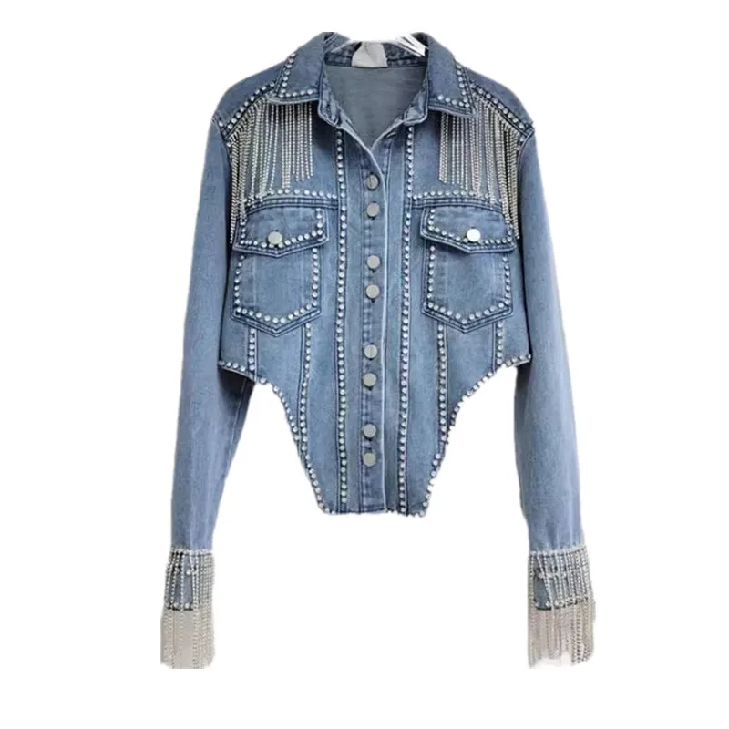 

Spring Autumn New Vintage Denim Diamonds Fringed Chain Coat Female Rivets Bomber Jacket Female Jeans Outerwear Streetwear B205