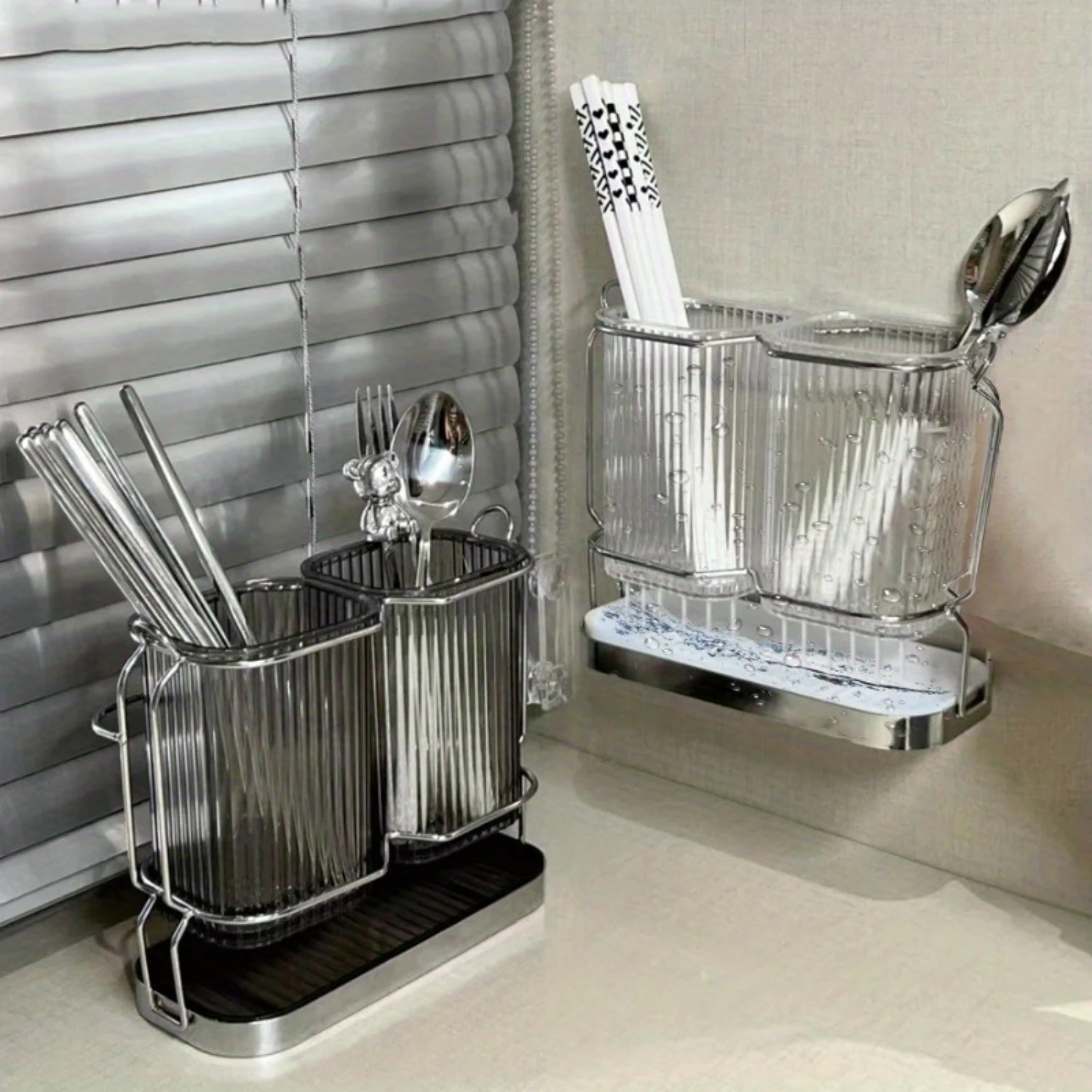 1Pc Wall-Mounted Kitchen Utensil Organizer - Transparent Chopsticks, Knives & Spoons  Cage With Drainage Chopstick set Chopstick