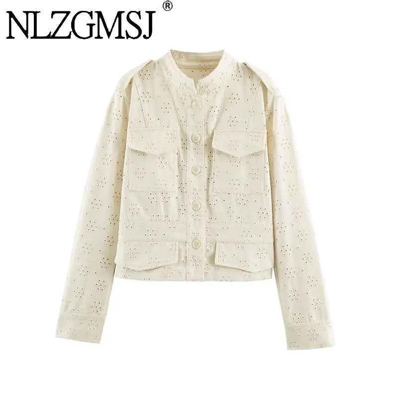 Nlzgmsj 2026 Autumn Women Hollow Eyelet Embroidery Jacket Stand Collar Coat Multi Pockets Long Sleeve Casual Vintage Outerwear